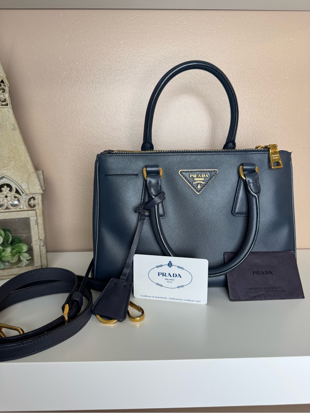 Prada Saffiano Leather Satchel in Navy with Gold Hardware